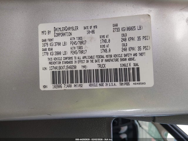 Aukcja sprzedaży 2007 Dodge Ram 1500 St, vin: 1D7HA16KX7J548290, numer aukcji: 44292929