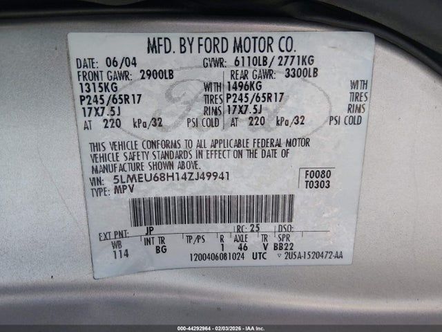 2004 LINCOLN AVIATOR 5LMEU68H14ZJ49941 Photo 8