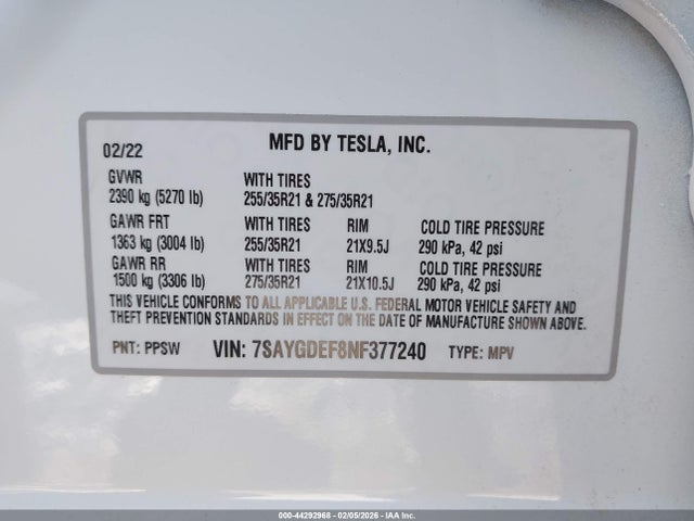 Aukcja sprzedaży 2022 Tesla Model Y Performance Dual Motor All-wheel Drive, vin: 7SAYGDEF8NF377240, numer aukcji: 44292968