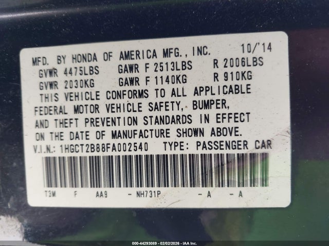 44293089 :رقم المزاد ، 1HGCT2B88FA002540 vin ، 2015 Honda Accord Ex-l V-6 مزاد بيع