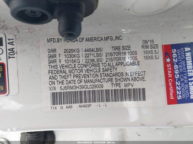 Honda CR-V LX 2016 5J6RM3H39GL029009 Image 9