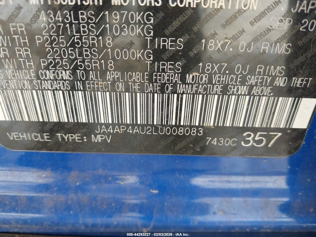 44293227 :رقم المزاد ، JA4AP4AU2LU008083 vin ، 2020 Mitsubishi Outlander Sport 2.0 Se مزاد بيع