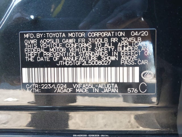2020 Lexus Ls 500 მანქანა იყიდება აუქციონზე, vin: JTHD51GF2L5008027, აუქციონის ნომერი: 44293358