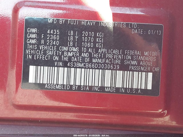 44293379 :رقم المزاد ، 4S3BMCB66D3030639 vin ، 2013 Subaru Legacy 2.5i Premium مزاد بيع