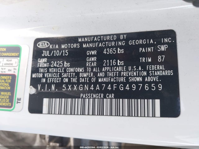 44293384 :رقم المزاد ، 5XXGN4A74FG497659 vin ، 2015 Kia Optima Ex مزاد بيع