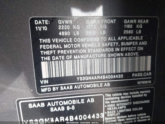 Продаж на аукціоні авто 2011 Saab 9-5 Turbo4/turbo4 Premium, vin: YS3GN4AR4B4004433, номер лоту: 44293435