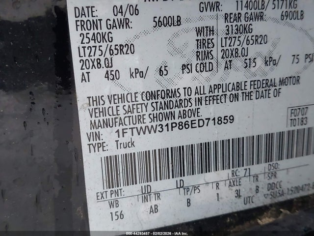 44293457 :رقم المزاد ، 1FTWW31P86ED71859 vin ، 2006 Ford F-350 Lariat/xl/xlt مزاد بيع
