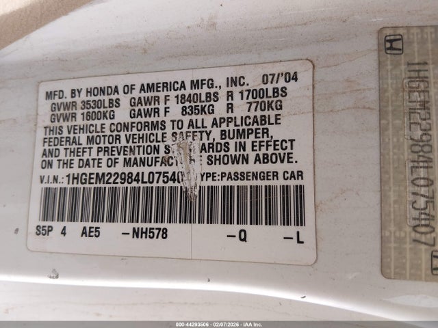 2004 HONDA CIVIC 1HGEM22984L075407 Photo 8