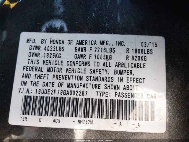 44293529 :رقم المزاد ، 19UDE2F79GA002287 vin ، 2016 Acura Ilx Premium Package/technology Plus Package مزاد بيع
