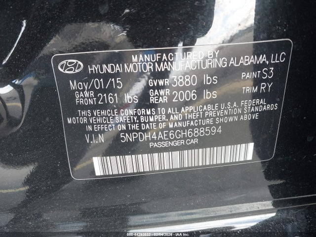 2016 Hyundai Elantra Limited მანქანა იყიდება აუქციონზე, vin: 5NPDH4AE6GH688594, აუქციონის ნომერი: 44293532