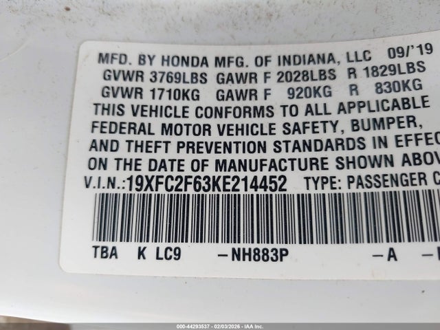 Honda Civic Lx 2019 19XFC2F63KE214452 Image 9