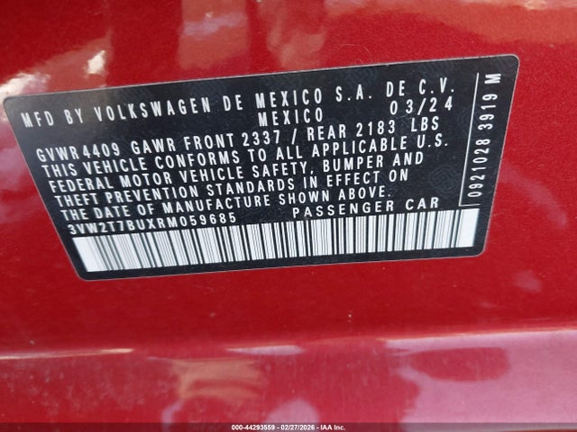 2024 Volkswagen Jetta Gli 2.0t Autobahn მანქანა იყიდება აუქციონზე, vin: 3VW2T7BUXRM059685, აუქციონის ნომერი: 44293559