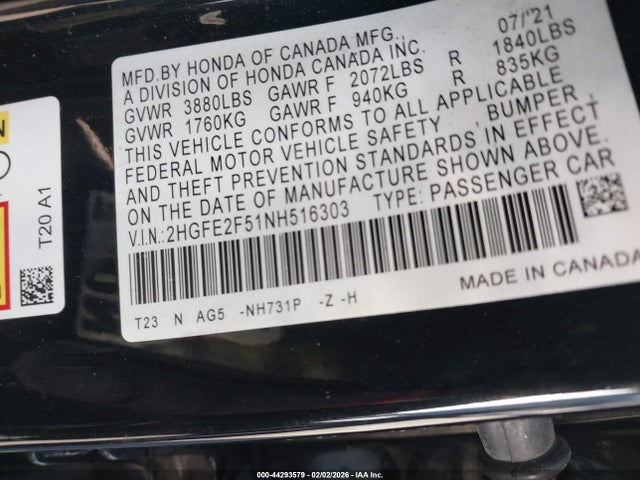 Honda Civic Sport 2022 2HGFE2F51NH516303 Image 9