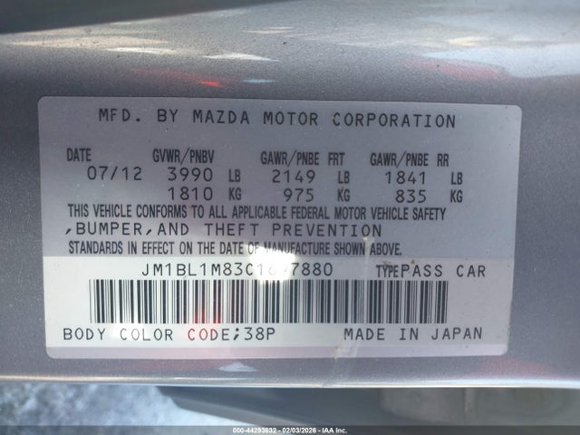 Aukcja sprzedaży 2012 Mazda Mazda3 I Grand Touring, vin: JM1BL1M83C1697880, numer aukcji: 44293632