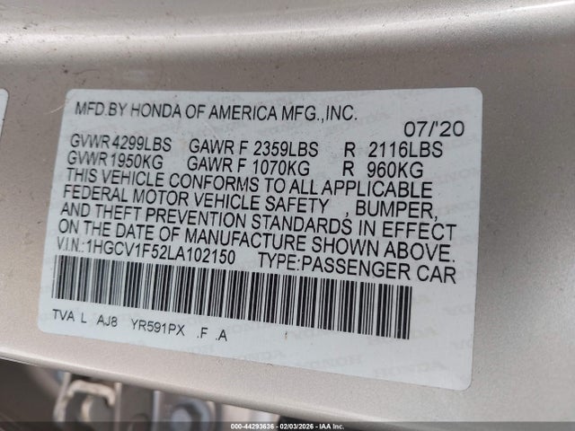 1HGCV1F52LA102150 Honda Accord Ex-l