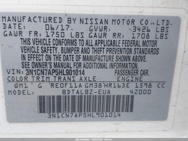 3N1CN7AP5HL901014 Nissan Versa 1.6 Sv