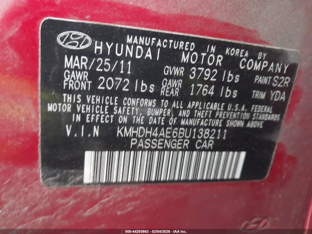 Aukcja sprzedaży 2011 Hyundai Elantra Gls (ulsan Plant), vin: KMHDH4AE6BU138211, numer aukcji: 44293663