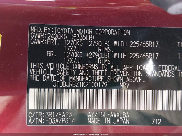 44293681 :رقم المزاد ، JTJBJRBZ1K2100179 vin ، 2019 Lexus Nx 300h مزاد بيع