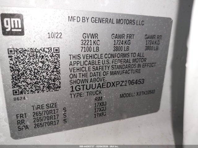 Aukcja sprzedaży 2023 Gmc Sierra 1500 4wd  Short Box Pro, vin: 1GTUUAEDXPZ106453, numer aukcji: 44293737