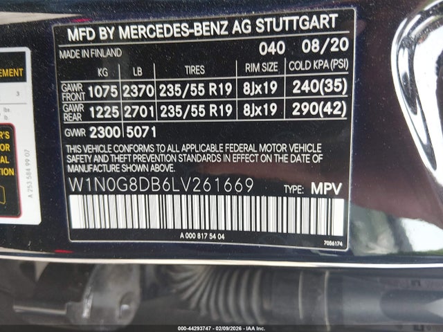 Aukcja sprzedaży 2020 Mercedes-benz Glc 300, vin: W1N0G8DB6LV261669, numer aukcji: 44293747