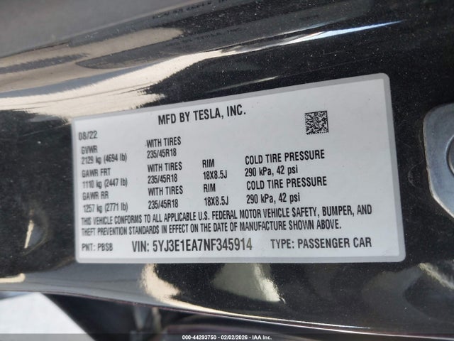 2022 TESLA MODEL 3 5YJ3E1EA7NF345914 Photo 8