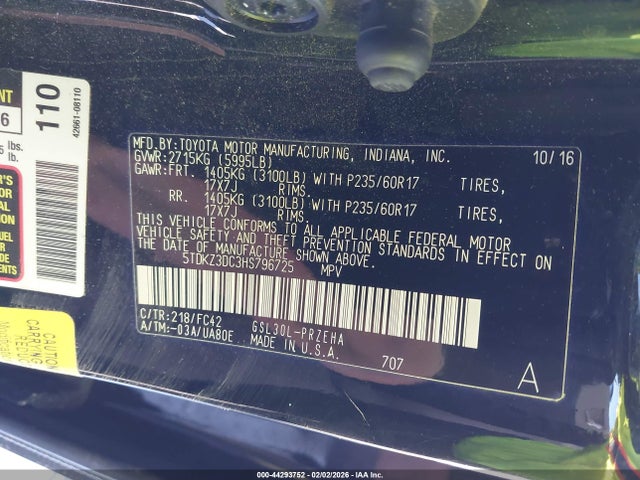 44293752 :رقم المزاد ، 5TDKZ3DC3HS796725 vin ، 2017 Toyota Sienna Le 8 Passenger مزاد بيع