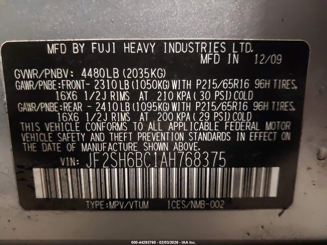 44293760 :رقم المزاد ، JF2SH6BC1AH768375 vin ، 2010 Subaru Forester 2.5x مزاد بيع