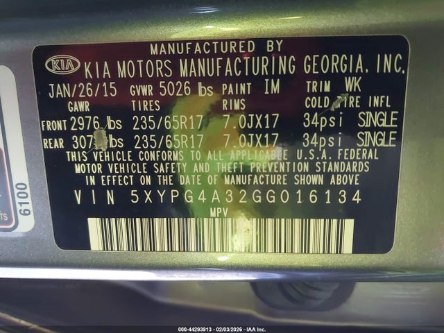 5XYPG4A32GG016134 KIA Sorento 2.4l Lx