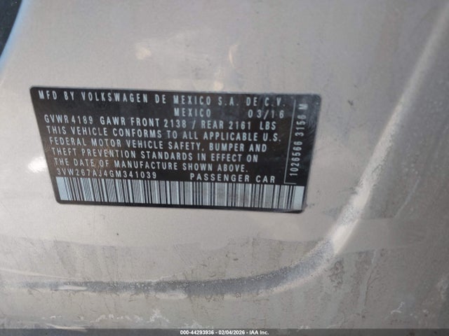 44293936 :رقم المزاد ، 3VW267AJ4GM341039 vin ، 2016 Volkswagen Jetta 1.4t S مزاد بيع