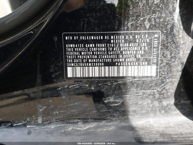 44293985 :رقم المزاد ، 3VWC57BU5KM238088 vin ، 2019 Volkswagen Jetta 1.4t R-line/1.4t S/1.4t Se مزاد بيع