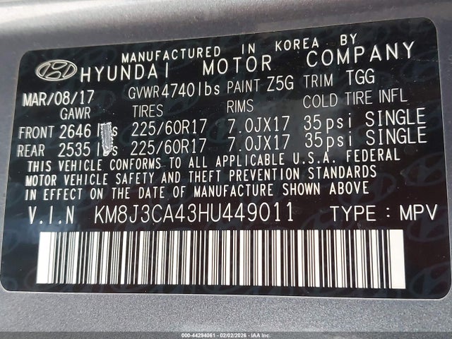 KM8J3CA43HU449011 Hyundai TUCSON SE