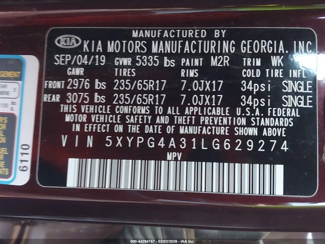 5XYPG4A31LG629274 KIA Sorento 2.4l Lx