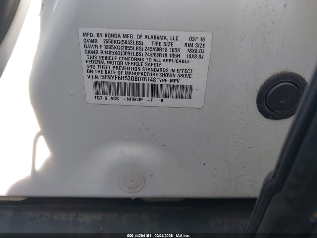 5FNYF6H53GB076148 Honda Pilot Ex-l