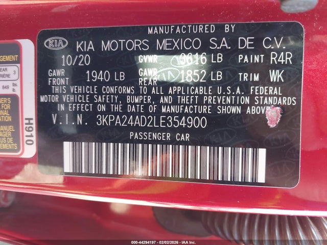 2020 Kia Rio S მანქანა იყიდება აუქციონზე, vin: 3KPA24AD2LE354900, აუქციონის ნომერი: 44294197