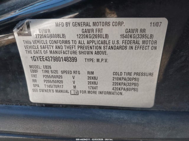 44294211 :رقم المزاد ، 1GYEE437980148399 vin ، 2008 Cadillac Srx V6 مزاد بيع