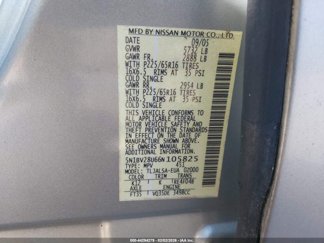 44294279 :رقم المزاد ، 5N1BV28U66N105825 vin ، 2006 Nissan Quest 3.5 S مزاد بيع