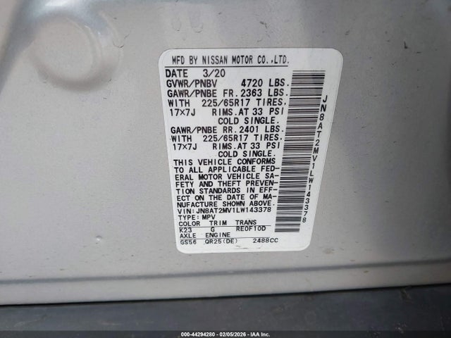 JN8AT2MV1LW143378 Nissan Rogue Sv Intelligent Awd