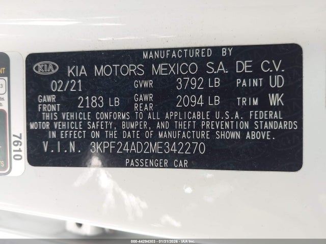 3KPF24AD2ME342270 KIA Forte Lxs