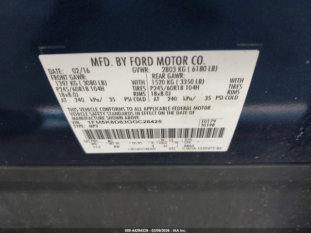 1FM5K8D83GGC28425 Ford EXPLORER XLT
