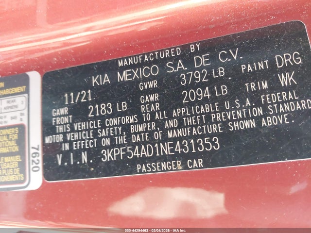 3KPF54AD1NE431353 KIA Forte Gt-line