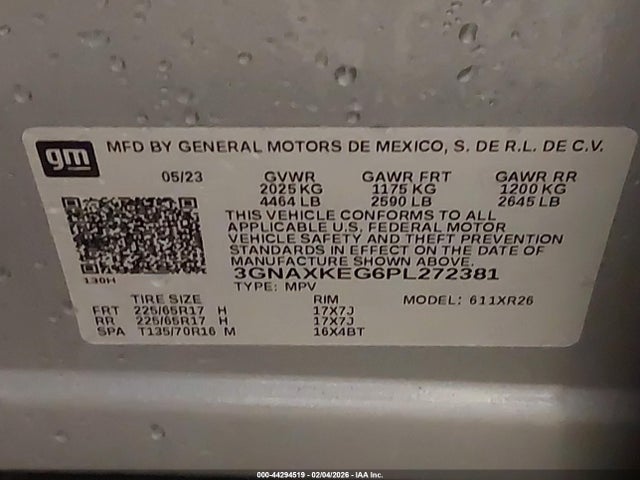 Aukcja sprzedaży 2023 Chevrolet Equinox Fwd Lt, vin: 3GNAXKEG6PL272381, numer aukcji: 44294519