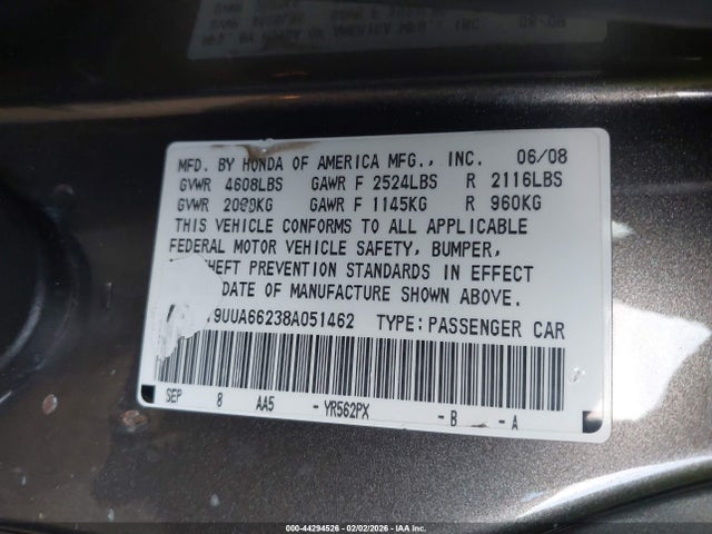 44294526 :رقم المزاد ، 19UUA66238A051462 vin ، 2008 Acura Tl 3.2 مزاد بيع