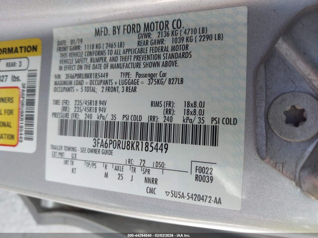 Продаж на аукціоні авто 2019 Ford Fusion Hybrid Titanium, vin: 3FA6P0RU8KR185449, номер лоту: 44294540