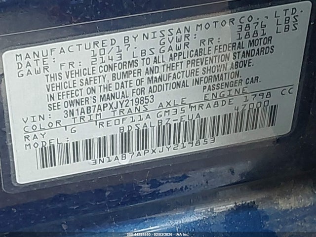 3N1AB7APXJY219853 Nissan SENTRA S