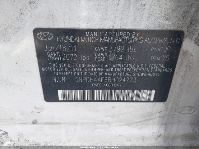 44294566 :رقم المزاد ، 5NPDH4AE6BH024773 vin ، 2011 Hyundai Elantra Gls مزاد بيع
