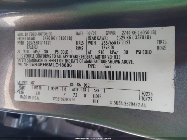Продаж на аукціоні авто 2021 Ford Ranger Xlt, vin: 1FTER4FH6MLD18886, номер лоту: 44294593