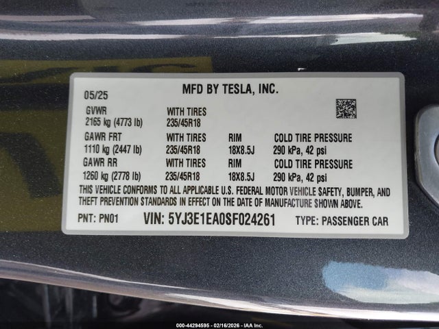 Продаж на аукціоні авто 2025 Tesla Model 3 Long Range Rear-wheel Drive/standard Rear-wheel Drive, vin: 5YJ3E1EA0SF024261, номер лоту: 44294595