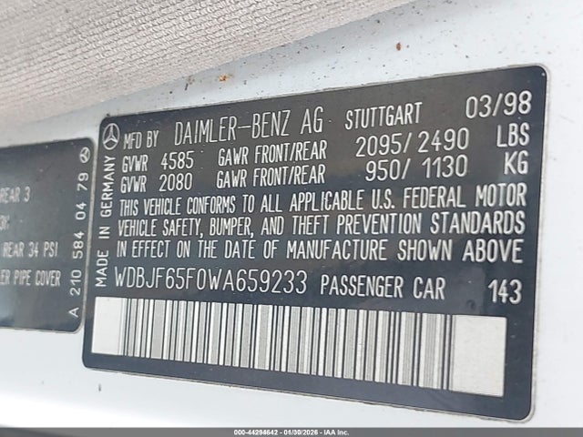Aukcja sprzedaży 1998 Mercedes-benz E 320, vin: WDBJF65F0WA659233, numer aukcji: 44294642