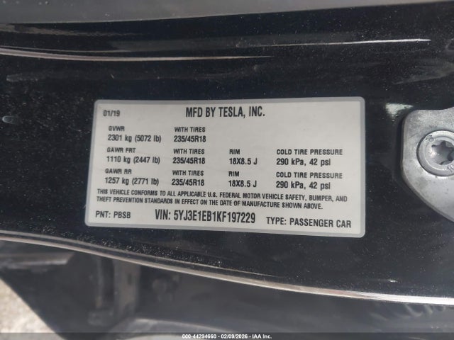 Продаж на аукціоні авто 2019 Tesla Model 3 Long Range/performance, vin: 5YJ3E1EB1KF197229, номер лоту: 44294660