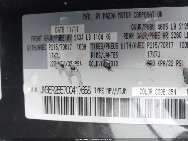 Продажа на аукционе авто 2012 Mazda Cx-7 I Sport, vin: JM3ER2B57C0417658, номер лота: 44294752